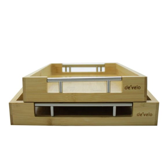 Bamboo Modern Serving Tray with Metal Handles (Set of 2) - NATURAL - Picture 2 of 3